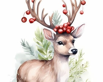 Reindeer with Holly Cross Stitch Pattern, Festive Christmas (PDF Download)