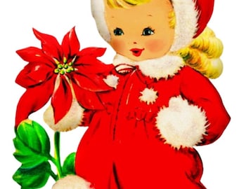 Little Christmas Girl Counted Cross Stitch Pattern, Poinsettia, Christmas, Holiday Décor – PDF Download