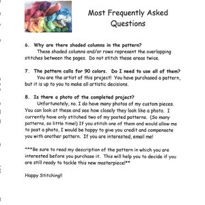 May include: A page of frequently asked questions about a cross-stitch pattern. The text includes questions about the number of colors used in the pattern and whether a photo of the completed project is available.