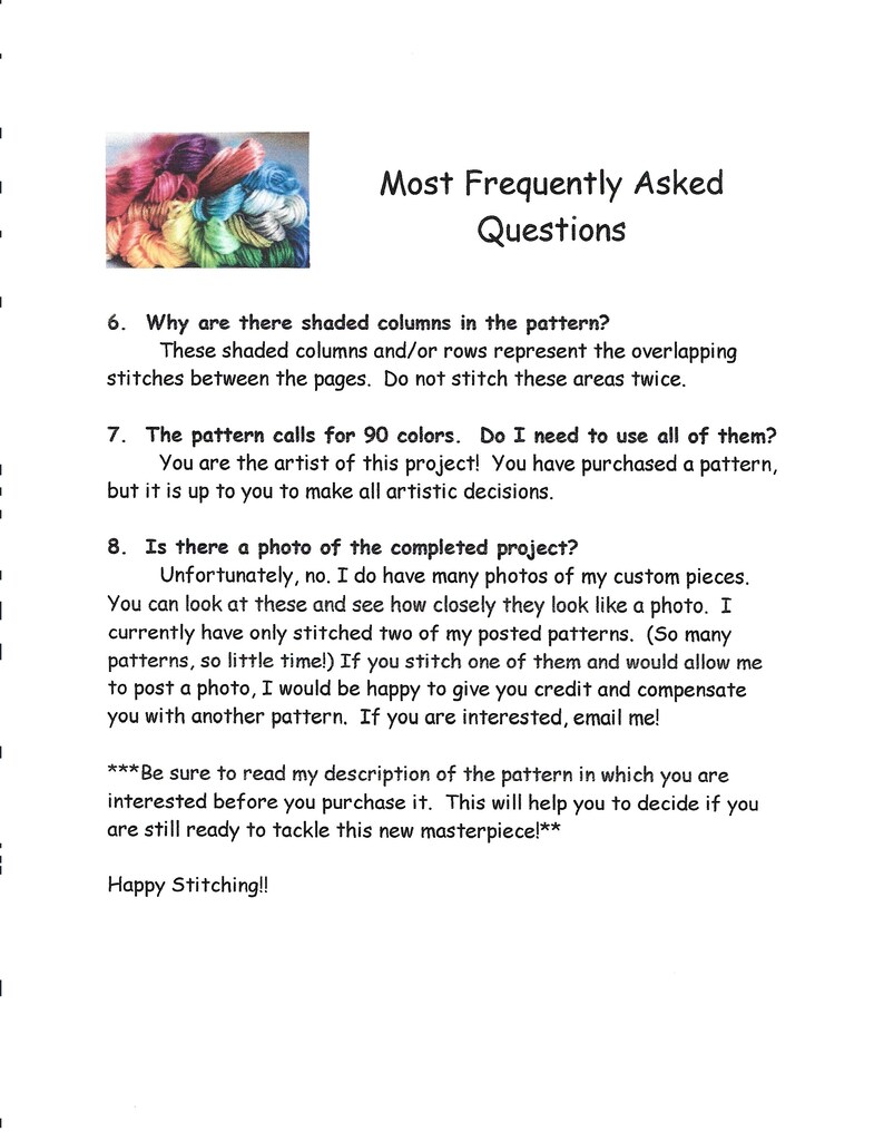 May include: A page of frequently asked questions about a cross-stitch pattern. The text includes questions about the number of colors used in the pattern and whether a photo of the completed project is available.