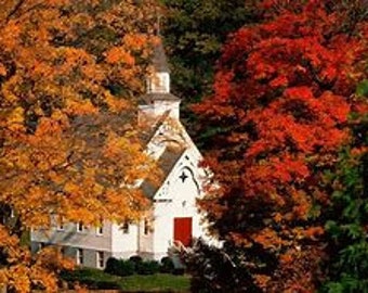 New England Church Counted Cross Stitch Pattern, Scenic Fall Counted Cross Stitch, Autumn Counted Cross Stitch - PDF Download