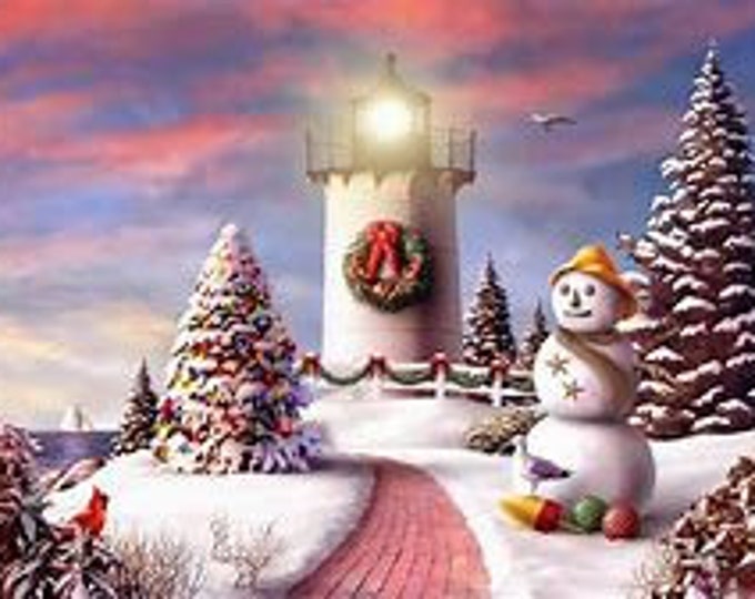 Christmas Lighthouse Counted Cross Stitch Pattern, Christmas Cross Stitch Pattern, Snowman pattern, Lighthouse, Nautical - PDF Download