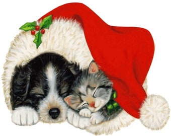 Christmas Puppy and Kitten Counted Cross Stitch Pattern: Santa Hat (PDF Download)