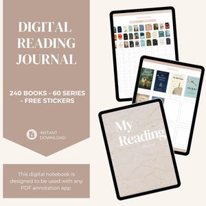 Puede incluir: Diario de lectura digital que se muestra en tres tabletas. Las tabletas muestran portadas de libros y un registro de lectura. El texto de la imagen dice "DIGITAL READING JOURNAL", "240 LIBROS - 60 SERIES - PEGATINAS GRATIS" y "My Reading Journal".