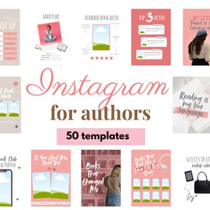 Puede incluir: Un conjunto de plantillas de Instagram rosas y beige para autores. Las plantillas incluyen diseños para reseñas de libros, listas de lectura y presentaciones de autores. El texto "Instagram para autores" y "50 plantillas" se muestra.