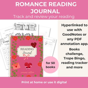 Puede incluir: Un diario de lectura romántica rosa con un diseño floral y de corazón. El diario incluye el texto "READING Journal" y "romance edition". Está diseñado para rastrear y revisar la lectura, con desafíos de libros y un rastreador de lectura.