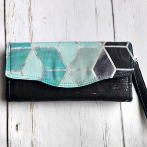 Geometric teal and cork necessary clutch wallet, large neutral colored women's wallet
