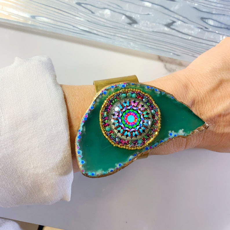 jeweled Agate Geode crystal bracelet adjustable brass cuff Bohemian bracelet cuff gift for women