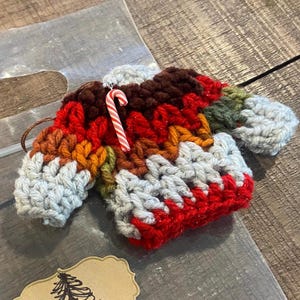 Miniature Christmas crochet sweater ornament with candy cane pendant “Holiday Cheer”