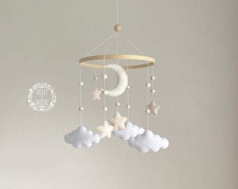 Moon baby mobile, Moon Stars Cloud baby mobile, Starry Night Baby Mobile, Felt baby mobile, Neutral Nursery decor