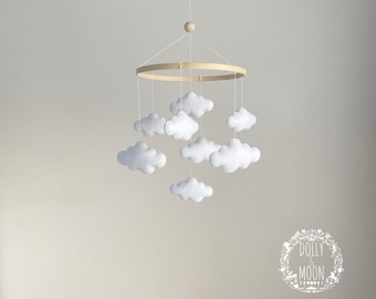 Cloud baby mobile, Clouds crib mobile, white felt wooden mobile, neutral nursery décor