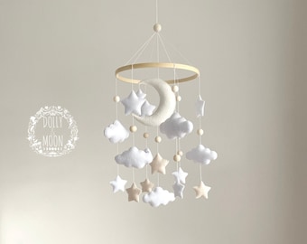 Moon Stars Cloud nursery baby mobile, Starry night baby mobile, stars clouds crib mobile, neutral nursery décor