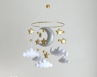 Stars Moon Cloud baby mobile, Starry night baby mobile, clouds crib mobile, neutral nursery décor