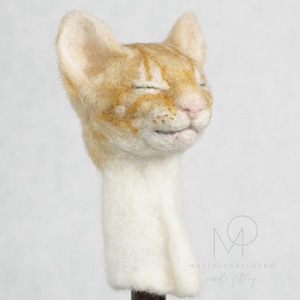 Needle Felted Cat Finger Puppet – Sleeping Cat Head – Handmade Wool Toy – Realistic Animal Art