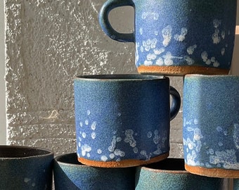 St Ives ocean blue splash Cornish Seaware. Hand thrown stoneware mugs 200 - 250 ml, for your cuppa or morning coffee. Colours vary