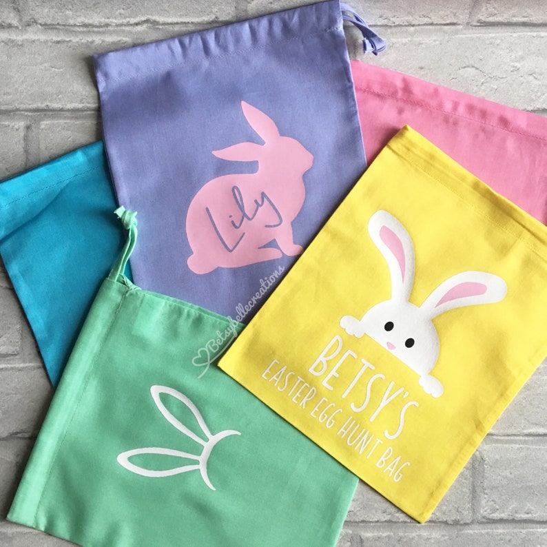 COTTON EGG HUNT GIFT BAG PERSONALISED NAME GLITTER EASTER TREAT BAG TOTE BAG