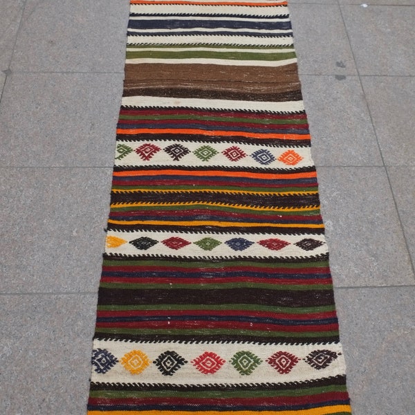 Runner,Turkish Kilim Rug 8.20x1.96feet (250x60cm),Handmade,Handwoven,Nomadic,Tribal Rug,Embroidery,Vintage,Natural Wool,Old Kilim -1547