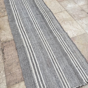 Goat hair Small Runner,Turkish Kilim Rug,8.20x2.52feet (245x074cm),Undyed,Handmade Rug,Nomadic,Tribal Rug,Vintage,Striped,Natural-2633