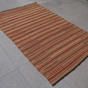 Turkish Kelim Rug7.41x4.88feet (226x149cm)Handmade Rugs,Handwoven,Nomadic Kilim,Tribal Rug,Vintage Kilim Rugs,Striped Kilim,Camel Wool- 0794