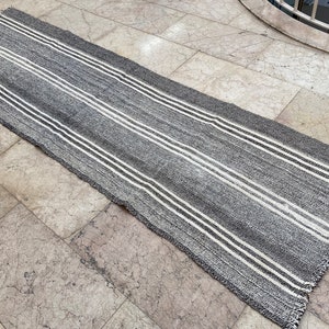 Goat hair Small Runner,Turkish Kilim Rug,8.20x2.36feet (250x072cm),Undyed,Handmade Rug,Nomadic,Tribal Rug,Vintage,Striped,Natural-2631