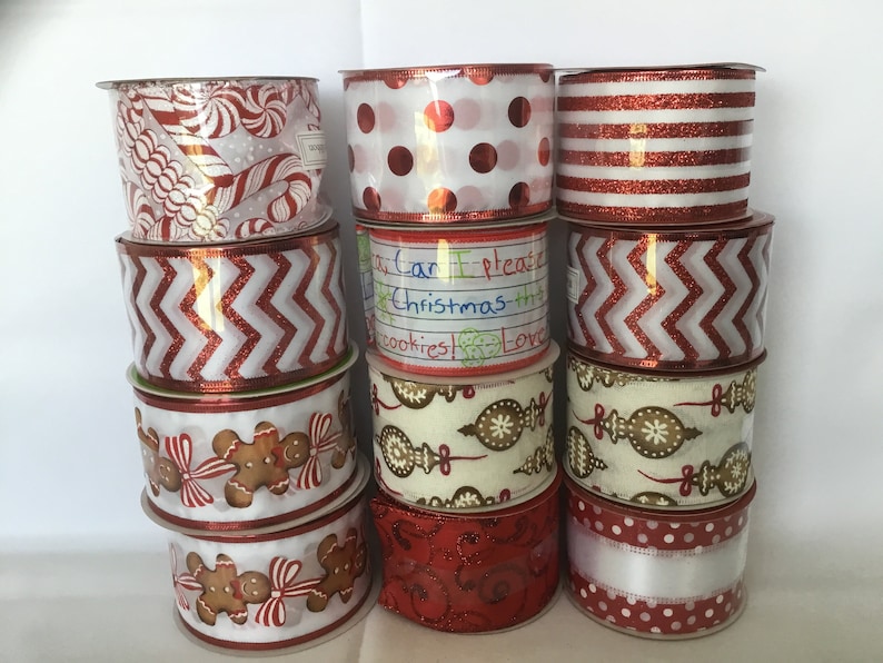 Wired Christmas Ribbon White and Red Ribbon Red Christmas Ribbon Wreath Ribbon Wired Ribbon Christmas Ribbon Holiday Ribbon