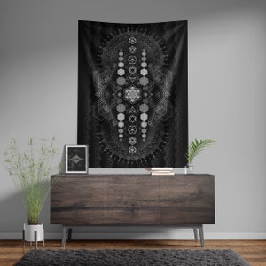 Initial Geometry Black Tapestry | Sacred Geometry wall decor | UV reactive | Psychedelic art | Wall Hanging | Visionary art | Spiritual art