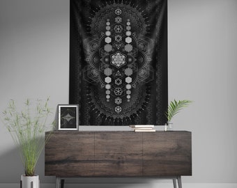 Tapiz de geometría sagrada / Tapiz negro inicial para colgar en la pared, arte psicodélico