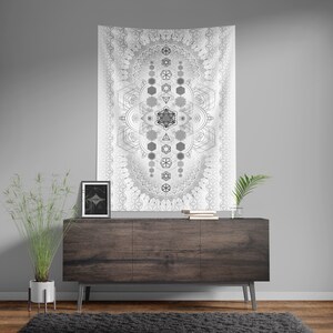 Initial Geometry White Tapestry | Sacred Geometry wall decor | UV reactive | Psychedelic art | Wall Hanging | Visionary art | Spiritual art