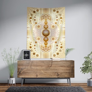 Cream Sacred Flower Tapestry | Sacred Geometry wall decor | UV reactive | Psychedelic art | Wall Hanging | Visionary art | Spiritual art