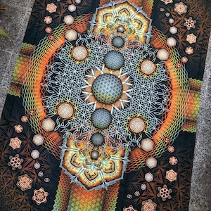 Gold Sacred Flower Tapestry | Sacred Geometry wall decor | UV reactive | Psychedelic art | Wall Hanging | Visionary art | Spiritual art