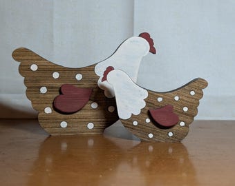 Rustic Wooden Chicken Decor Set – Farmhouse Hen Shelf Sitters – Handmade Wood Chickens