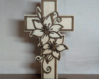 Wooden Floral Cross Decor – 8 Inch Christian Tabletop Cross – Faith Home Decor