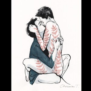 May include: A framed art print featuring a black ink illustration of two figures embracing. One figure wears a dark blue shirt, while the other has red fern-like patterns on their skin. The artwork is signed Cherwan T. in the bottom right corner.