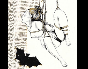 Shibari artwork, 21x30 cm, semenawa, Japanese rope, original artwork on paper, kinbaku art, bdsm bondage