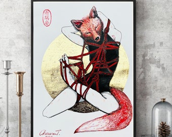 Kinbaku bondage, Rope fox art 30Х21, erotic wall art, Shibari suspension kinky, unique gifts for women