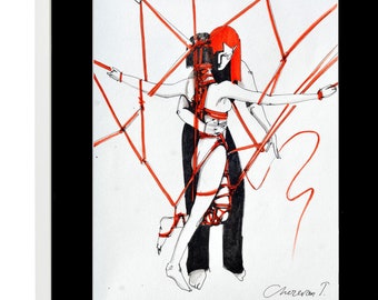 May include: A black and white ink drawing of two figures tied together with red string. The figures are in a dance-like pose, with the woman's arms outstretched. The drawing is signed "Cheremov T."