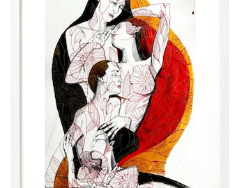Blossom Original Ink Drawing, Feminine Awakening Portrait, 38 x 56 cm