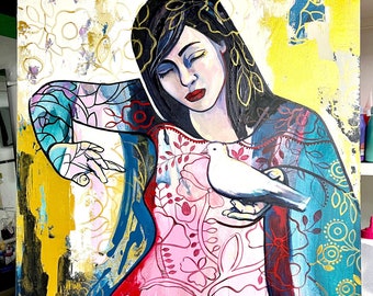 Schilderij vredesduif, symbolische figuratieve kunst, origineel acryl op canvas