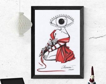 May include: Black and white illustration of a person with a large eye above their head, wearing a red dress and tied with a red ribbon. The illustration is framed in black and hanging on a white wall.