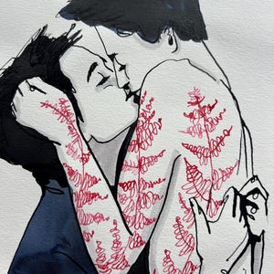 May include: An ink and watercolor illustration depicting two figures in an embrace. The figures have dark hair and are shown in profile. One figure features intricate red line art resembling fern leaves covering their arms and torso.