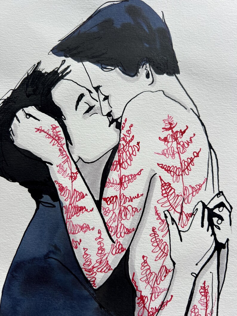 May include: An ink and watercolor illustration depicting two figures in an embrace. The figures have dark hair and are shown in profile. One figure features intricate red line art resembling fern leaves covering their arms and torso.