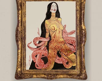 May include: A framed artwork featuring a figure with long black hair and golden skin tones, intertwined with red and pink octopus tentacles. The illustration is enclosed in an ornate, distressed gold-colored frame with intricate carvings.