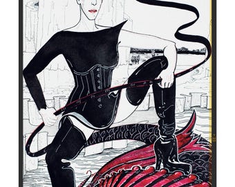 Könnte beinhalten: Eine Schwarzweißillustration einer Frau in einem schwarzen Kleid, einem Korsett und einer Krone. Sie reitet auf einem roten Drachen mit einer Peitsche in der Hand. Der Hintergrund ist ein weißes Schloss.