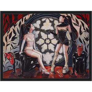 Mistress Latex Woman with Dogs | Framed Canvas Print 60x80 cm