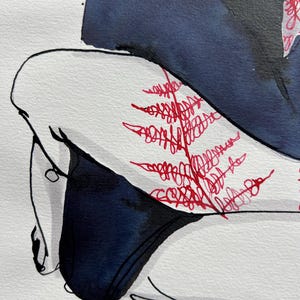 May include: An ink and watercolor illustration featuring a dark navy blue shape contrasted with a white area. A detailed, hand-drawn red fern leaf pattern is layered over the white section, created with thin, scribbled lines and bold ink strokes.