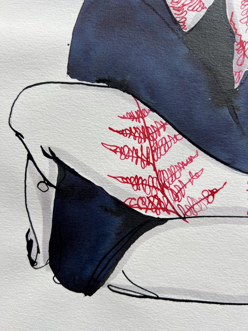May include: An ink and watercolor illustration featuring a dark navy blue shape contrasted with a white area. A detailed, hand-drawn red fern leaf pattern is layered over the white section, created with thin, scribbled lines and bold ink strokes.