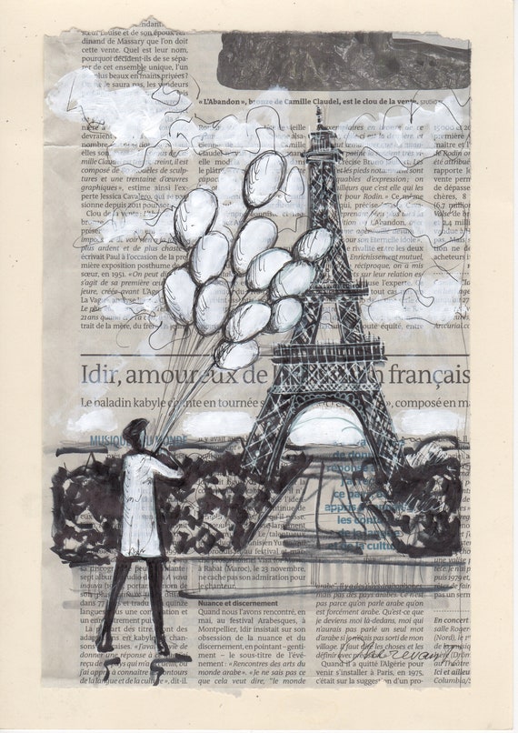 Eiffel Tower Art Original Graphic Artwork With Whith Passepartout 30x40 Cm  Hot Air Balloons, Paris Gift 