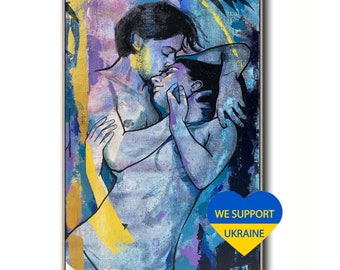 Lovers Kiss Canvas Art: Original Acrylic Painting, Romantic Couple Line Art