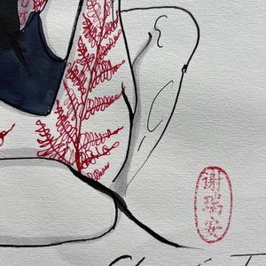 May include: An ink and watercolor drawing on textured paper featuring a figure with red fern-like botanical patterns on the skin, a dark blue garment, and black outlines. The artwork includes a red oval seal with Chinese characters and the signature Cherev&aacute;n T. 2023.