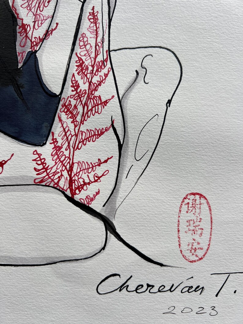 May include: An ink and watercolor drawing on textured paper featuring a figure with red fern-like botanical patterns on the skin, a dark blue garment, and black outlines. The artwork includes a red oval seal with Chinese characters and the signature Cherev&aacute;n T. 2023.